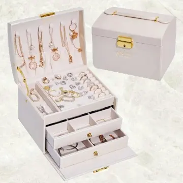 Leather Jewelry Box Lockable 3-layer Drawer Storage Box
