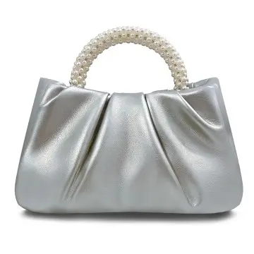 Women's Small Pearl Soft Leather Pleated Handbag Wedding Bridal Clutch
