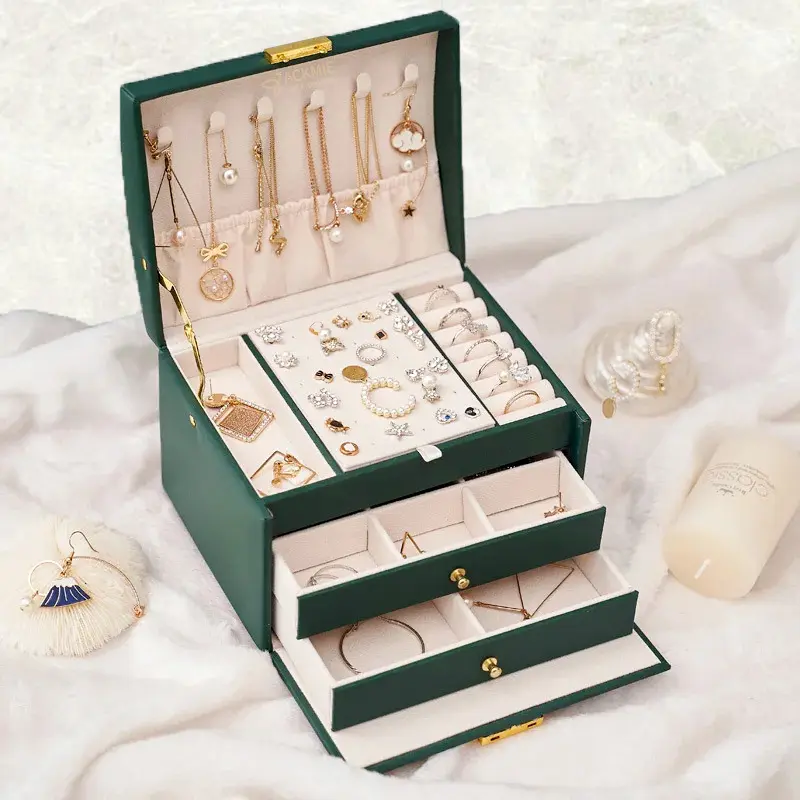Leather Jewelry Box Lockable 3-layer Drawer Storage Box