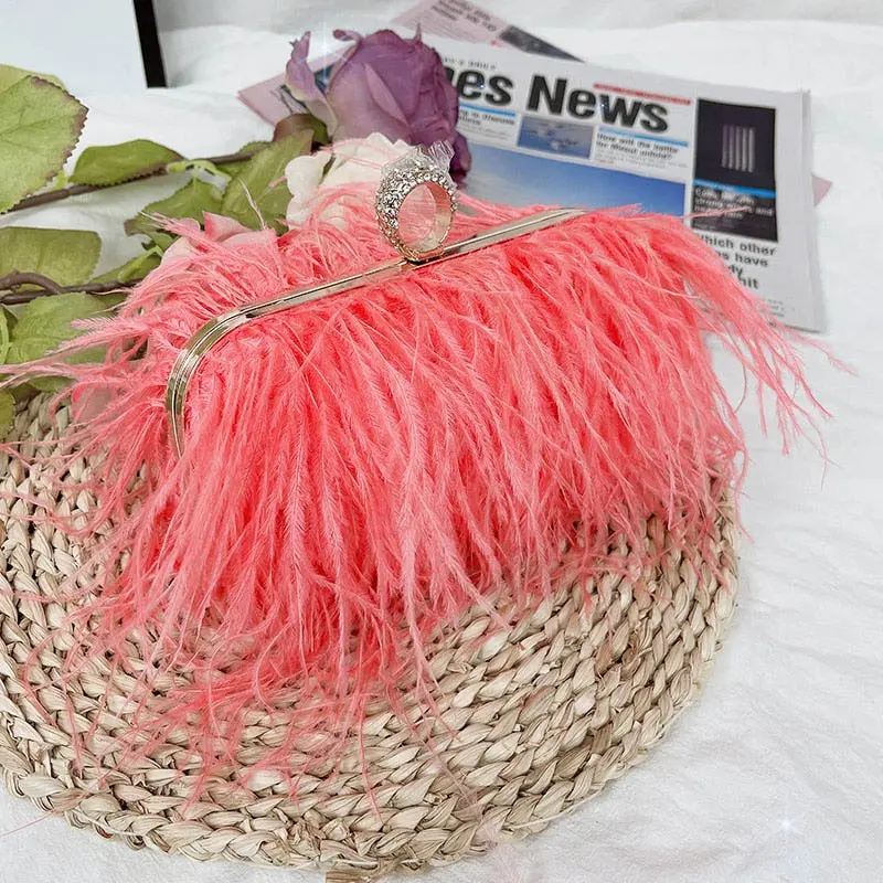 Luxury Ostrich Feather Party Evening Bag Clutch