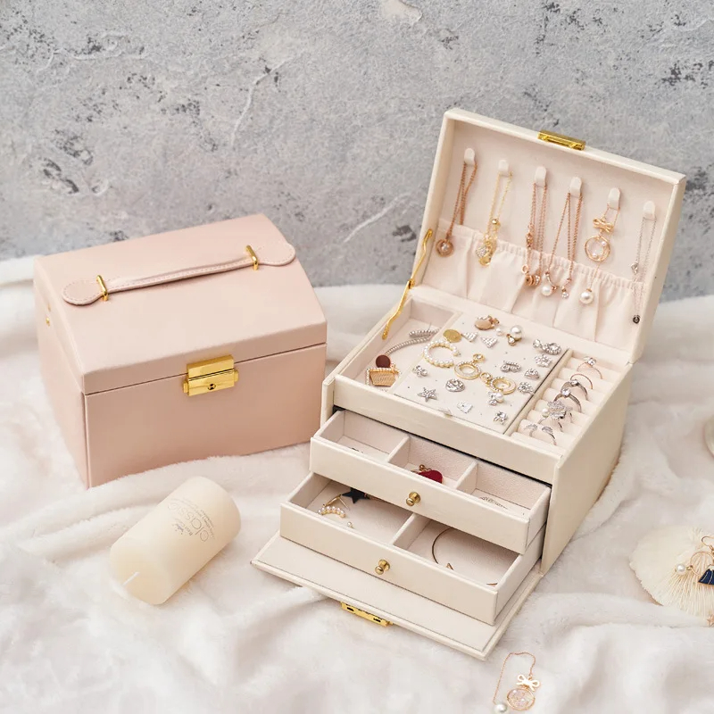 Leather Jewelry Box Lockable 3-layer Drawer Storage Box (5)ocw